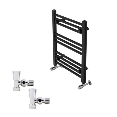 B&Q -  600X500mm Black Straight Heated Towel Rail Radiator With Chrome Angled Lockshield Valves