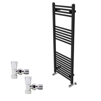 B&Q -  1200X500mm Black Straight Heated Towel Rail Radiator With Chrome Angled Lockshield Valves