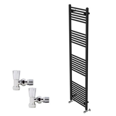 B&Q -  1800X500mm Black Straight Heated Towel Rail Radiator With Chrome Angled Lockshield Valves