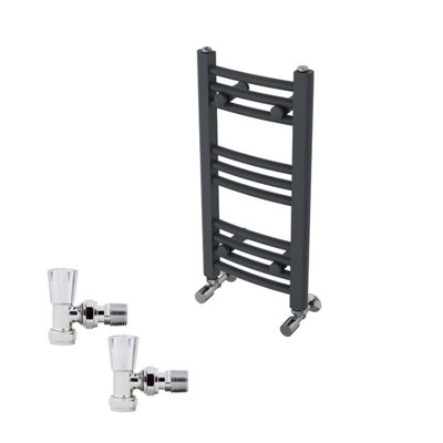 B&Q -  600X300mm Anthracite Curved Heated Towel Rail Radiator With Chrome Angled Lockshield Valves