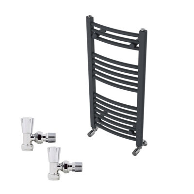 B&Q -  800X400mm Anthracite Curved Heated Towel Rail Radiator With Chrome Angled Lockshield Valves