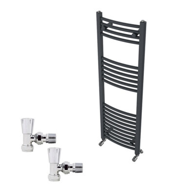 B&Q -  1200X400mm Anthracite Curved Heated Towel Rail Radiator With Chrome Angled Lockshield Valves