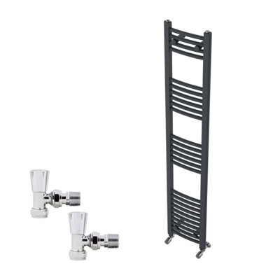 B&Q -  1600X300mm Anthracite Curved Heated Towel Rail Radiator With Chrome Angled Lockshield Valves
