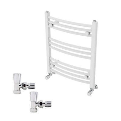 B&Q -  600X500mm White Curved Heated Towel Rail Radiator With Chrome Angled Lockshield Valves