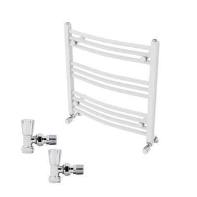 B&Q -  600X600mm White Curved Heated Towel Rail Radiator With Chrome Angled Lockshield Valves