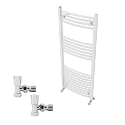 B&Q -  1200X500mm White Curved Heated Towel Rail Radiator With Chrome Angled Lockshield Valves