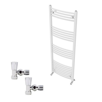 B&Q -  1400X500mm White Curved Heated Towel Rail Radiator With Chrome Angled Lockshield Valves
