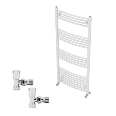 B&Q -  1400X600mm White Curved Heated Towel Rail Radiator With Chrome Angled Lockshield Valves