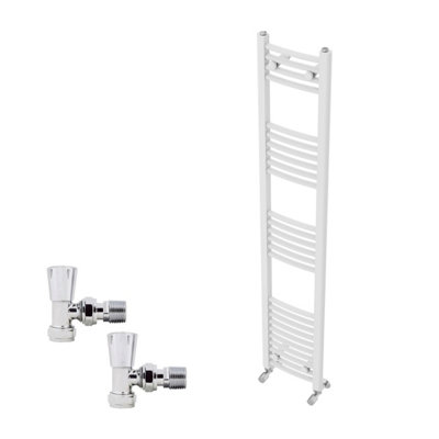 B&Q -  1600X300mm White Curved Heated Towel Rail Radiator With Chrome Angled Lockshield Valves