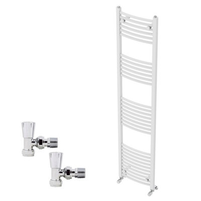 B&Q -  1800X400mm White Curved Heated Towel Rail Radiator With Chrome Angled Lockshield Valves