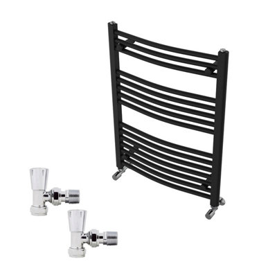 B&Q -  800X600mm Black Curved Heated Towel Rail Radiator With Chrome Angled Lockshield Valves