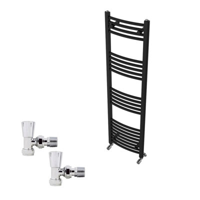 B&Q -  1400X400mm Black Curved Heated Towel Rail Radiator With Chrome Angled Lockshield Valves