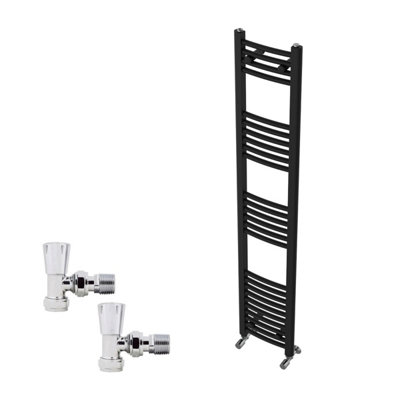 B&Q -  1600X300mm Black Curved Heated Towel Rail Radiator With Chrome Angled Lockshield Valves