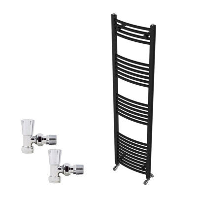 B&Q -  1600X400mm Black Curved Heated Towel Rail Radiator With Chrome Angled Lockshield Valves