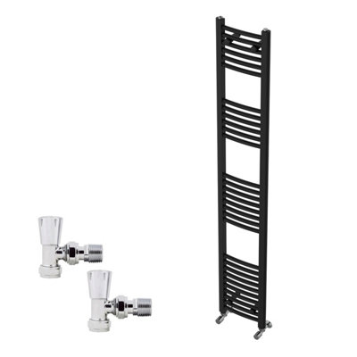 B&Q -  1800X300mm Black Curved Heated Towel Rail Radiator With Chrome Angled Lockshield Valves