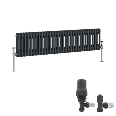 B&Q -  Anthracite Traditional 2 Column Radiator Horizontal Cast Iron Style 300X1460mm With Angled Thermostatic Valve