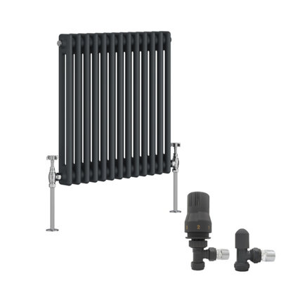 Right Radiators Anthracite Traditional 2 Column Radiator Horizontal Cast Iron Style 600X605mm With Angled Thermostatic Valve from B&Q