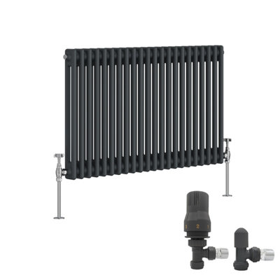 B&Q -  Anthracite Traditional 2 Column Radiator Horizontal Cast Iron Style 600X1010mm With Angled Thermostatic Valve