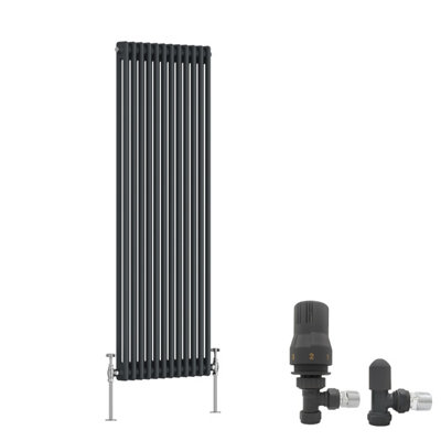 B&Q -  Anthracite Traditional 2 Column Radiator Vertical Cast Iron Style 1500X560mm With Angled Thermostatic Valve