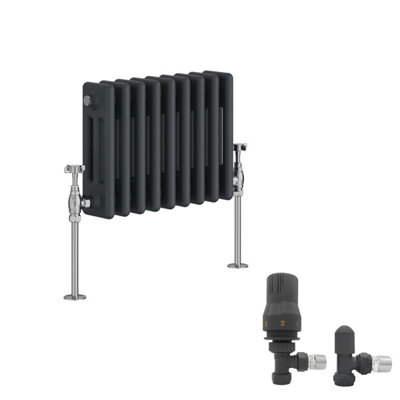 B&Q -  Anthracite Traditional 3 Column Radiator Horizontal Cast Iron Style 300X427mm With Angled Thermostatic Valve