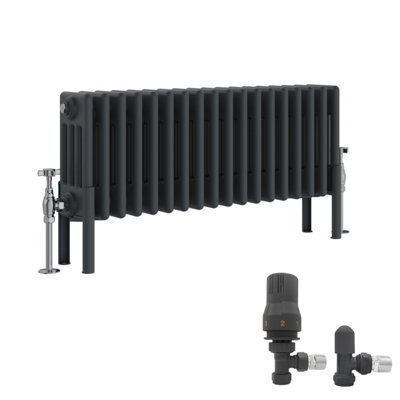 B&Q -  Anthracite Traditional 4 Column Radiator Horizontal Cast Iron Style 300X830mm With Angled Thermostatic Valve