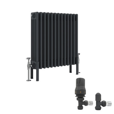 Right Radiators Anthracite Traditional 4 Column Radiator Horizontal Cast Iron Style 600X605mm With Angled Thermostatic Valve from B&Q