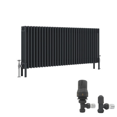 B&Q -  Anthracite Traditional 4 Column Radiator Horizontal Cast Iron Style 600X1460mm With Angled Thermostatic Valve