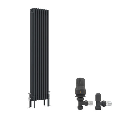 B&Q -  Anthracite Traditional 4 Column Radiator Vertical Cast Iron Style 1500X380mm With Angled Thermostatic Valve