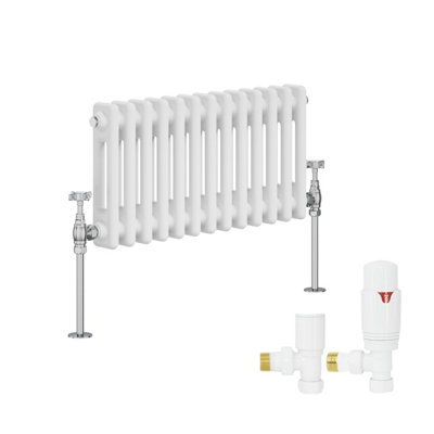 B&Q -  White Traditional 2 Column Radiator Horizontal Cast Iron Style 300X605mm With Angled Thermostatic Valve