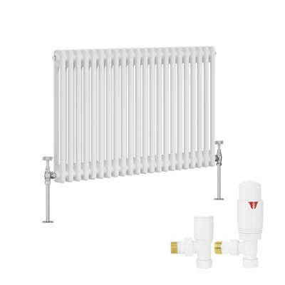 B&Q -  White Traditional 2 Column Radiator Horizontal Cast Iron Style 600X1010mm With Angled Thermostatic Valve