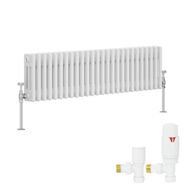 B&Q -  White Traditional 3 Column Radiator Horizontal Cast Iron Style 300X1192mm With Angled Thermostatic Valve