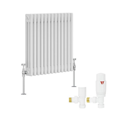 B&Q -  White Traditional 3 Column Radiator Horizontal Cast Iron Style 600X607mm With Angled Thermostatic Valve