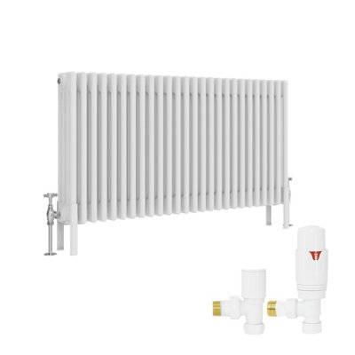 B&Q -  White Traditional 4 Column Radiator Horizontal Cast Iron Style 600X1190mm With Angled Thermostatic Valve