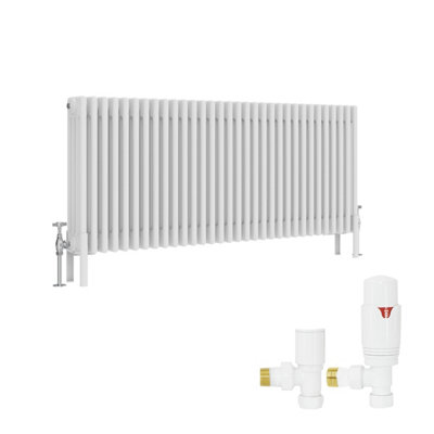 B&Q -  White Traditional 4 Column Radiator Horizontal Cast Iron Style 600X1460mm With Angled Thermostatic Valve