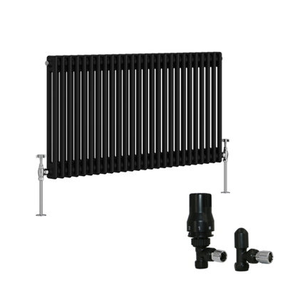 B&Q -  Black Traditional 2 Column Radiator Horizontal Cast Iron Style 600X1190mm With Angled Thermostatic Valve