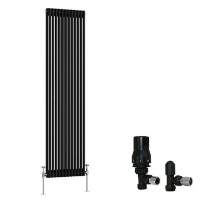 B&Q -  Black Traditional 2 Column Radiator Vertical Cast Iron Style 1800X560mm With Angled Thermostatic Valve