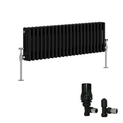 B&Q -  Black Traditional 3 Column Radiator Horizontal Cast Iron Style 300X1012mm With Angled Thermostatic Valve