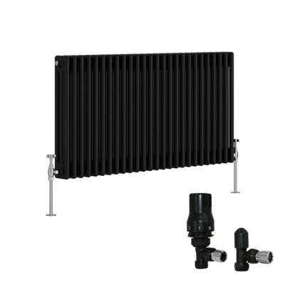 B&Q -  Black Traditional 3 Column Radiator Horizontal Cast Iron Style 600X1192mm With Angled Thermostatic Valve