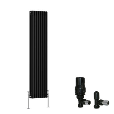 B&Q -  Black Traditional 3 Column Radiator Vertical Cast Iron Style 1500X382mm With Angled Thermostatic Valve