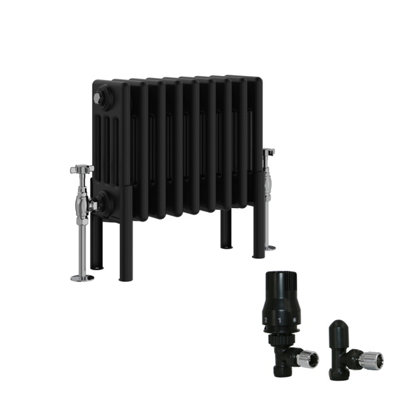 B&Q -  Black Traditional 4 Column Radiator Horizontal Cast Iron Style 300X425mm With Angled Thermostatic Valve