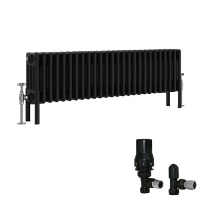 B&Q -  Black Traditional 4 Column Radiator Horizontal Cast Iron Style 300X1190mm With Angled Thermostatic Valve