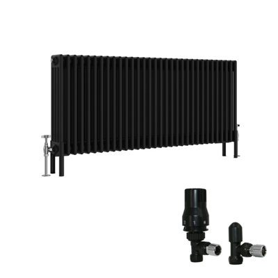 B&Q -  Black Traditional 4 Column Radiator Horizontal Cast Iron Style 600X1460mm With Angled Thermostatic Valve