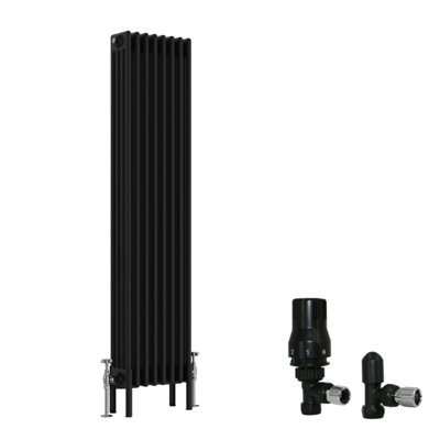 B&Q -  Black Traditional 4 Column Radiator Vertical Cast Iron Style 1500X380mm With Angled Thermostatic Valve
