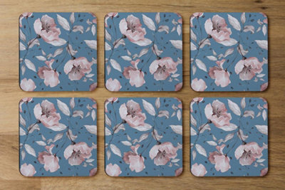 B&Q -  Pink Flowers On Blue (Coaster) / Default Title