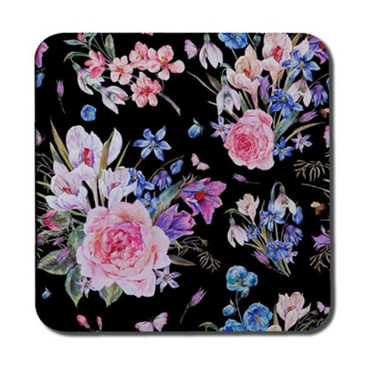 Andrew Lee Bright Pink Flowers On Black (Coaster) / Default Title from B&Q