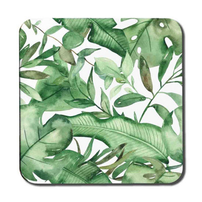 B&Q -  Watercolour Green Tropical Leaves Coaster Set / Default Title