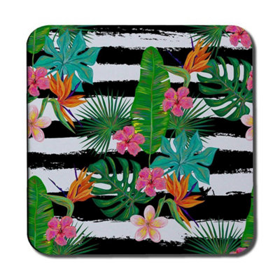 Andrew Lee Tropical Plants On Black & White Stripes (Coaster) / Default Title from B&Q