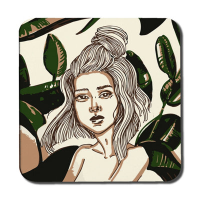 B&Q -  Young Woman In Tropical Leaves (Coaster) / Default Title