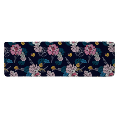 Benjamin Tate Design Pink Flowers On Navy Runner Special Soft Home Rug from B&Q