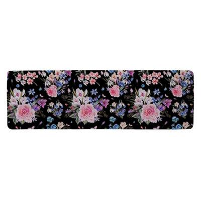 Benjamin Tate Design Bright Pink Flowers On Black Runner Special Soft Home Rug from B&Q